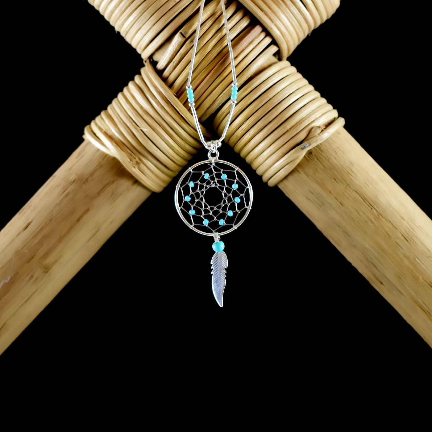 Large Dream Catcher Earrings / Necklace with Turquoise Beads & Feather (Sterling Silver)