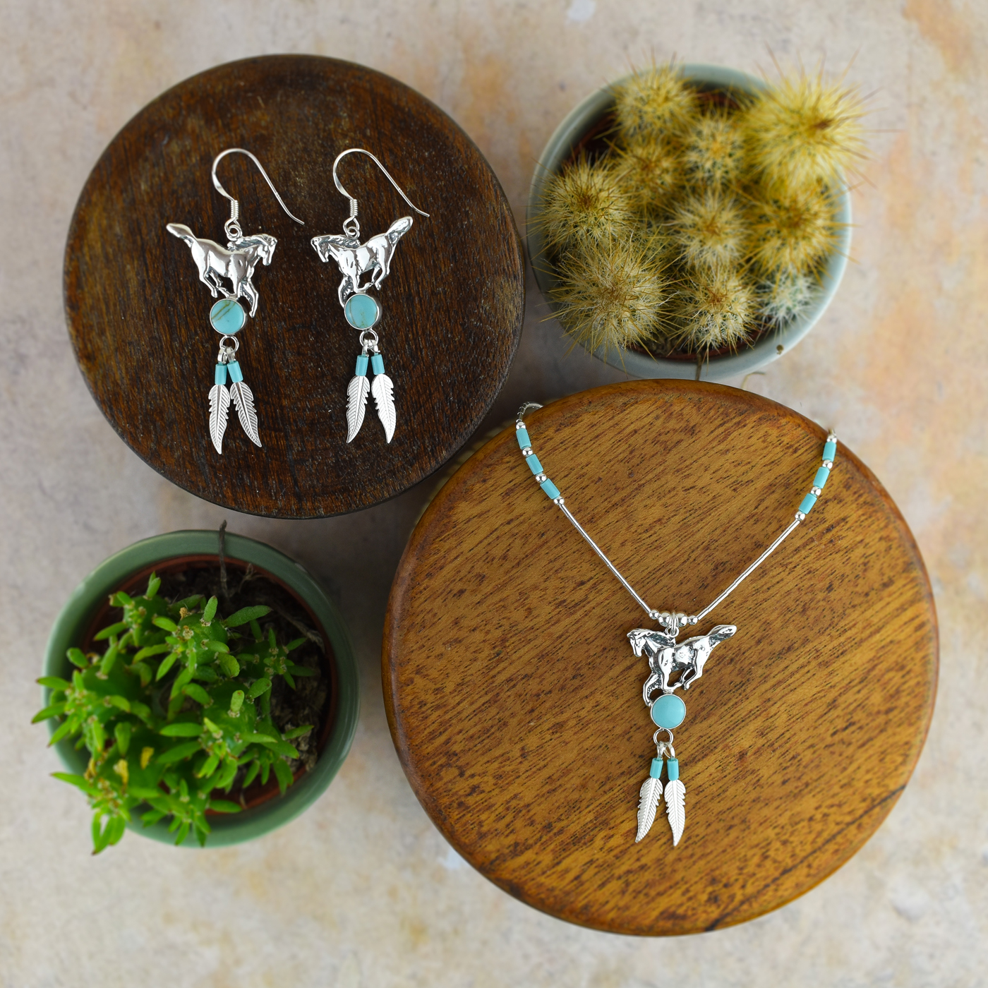 Horse Earrings / Necklace with Turquoise & Feather (Sterling Silver)