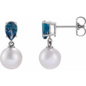Sterling Silver Cultured White Akoya Pearl & Natural London Blue Topaz Earrings