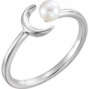 Sterling Silver Cultured White Freshwater Pearl Crescent Moon Ring