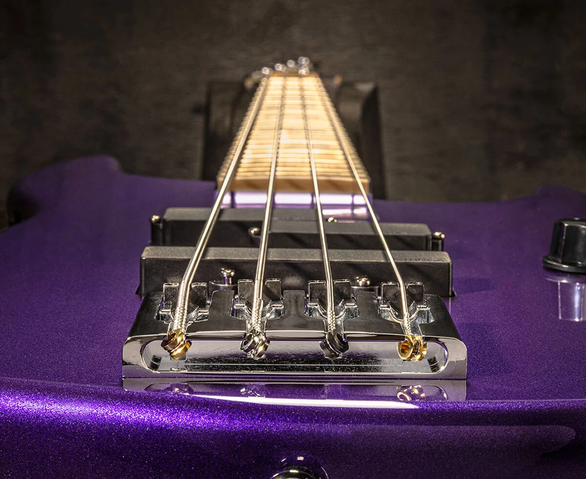 Strings anchored over the saddles of a bass.