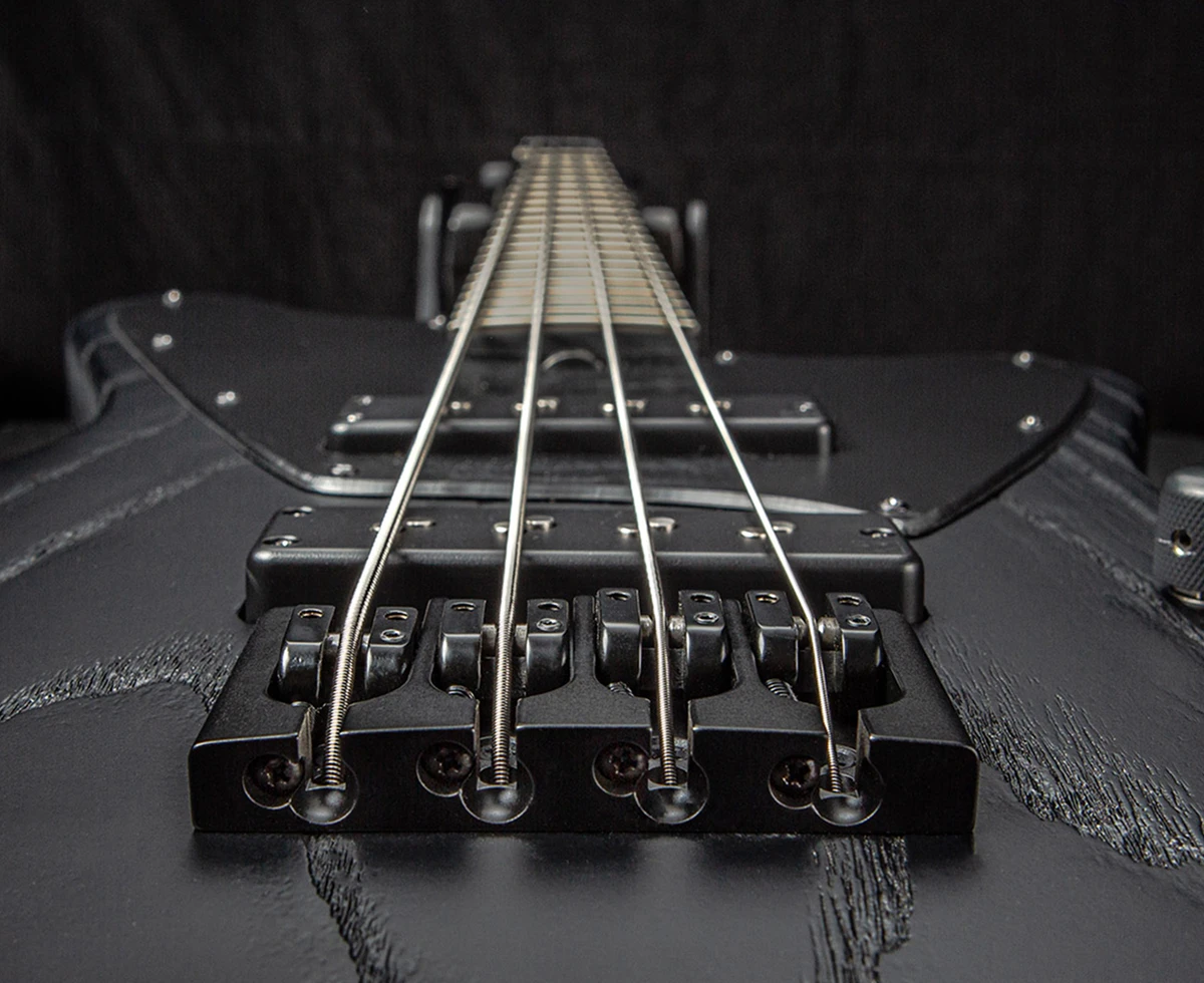Strings anchored over the saddles of a bass.