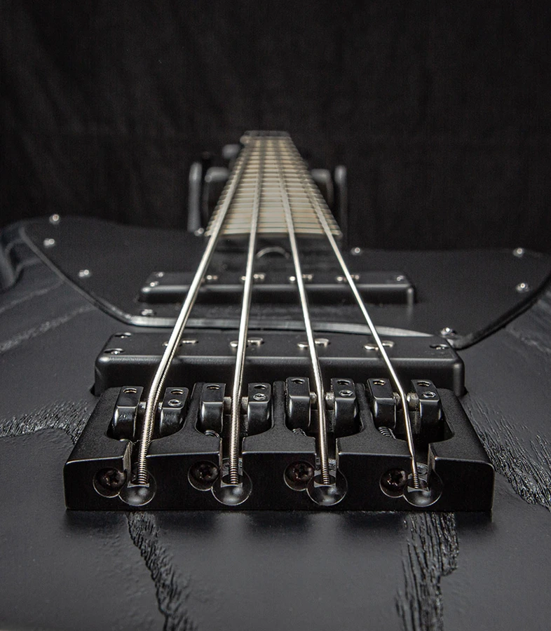 Strings anchored over the saddles of a bass.