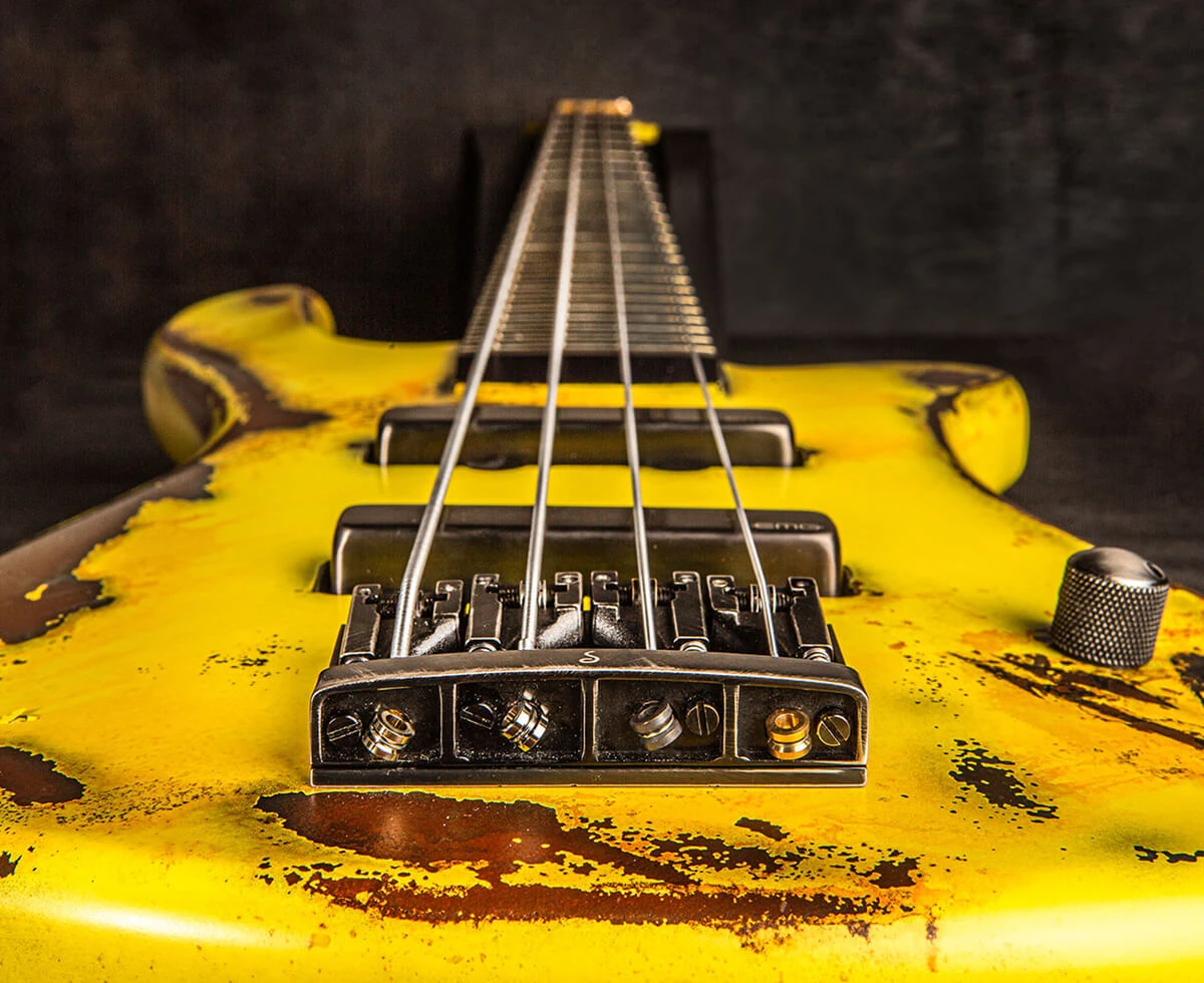 Strings anchored over the bridge of a bass.