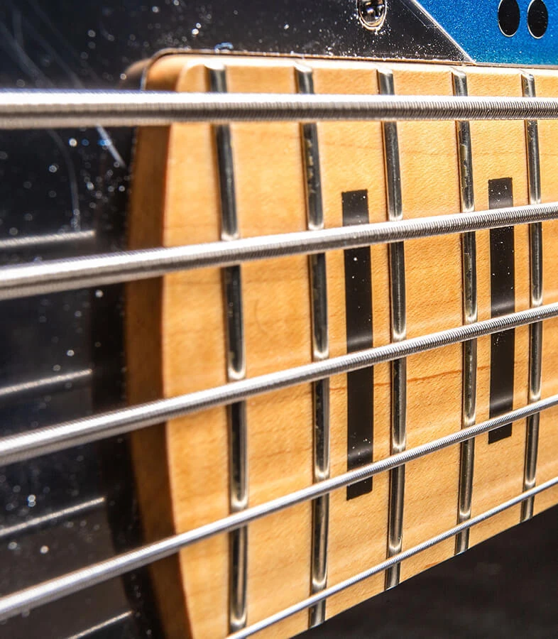 The strings of a five-string bass running the length of the fretboard toward the headstock.