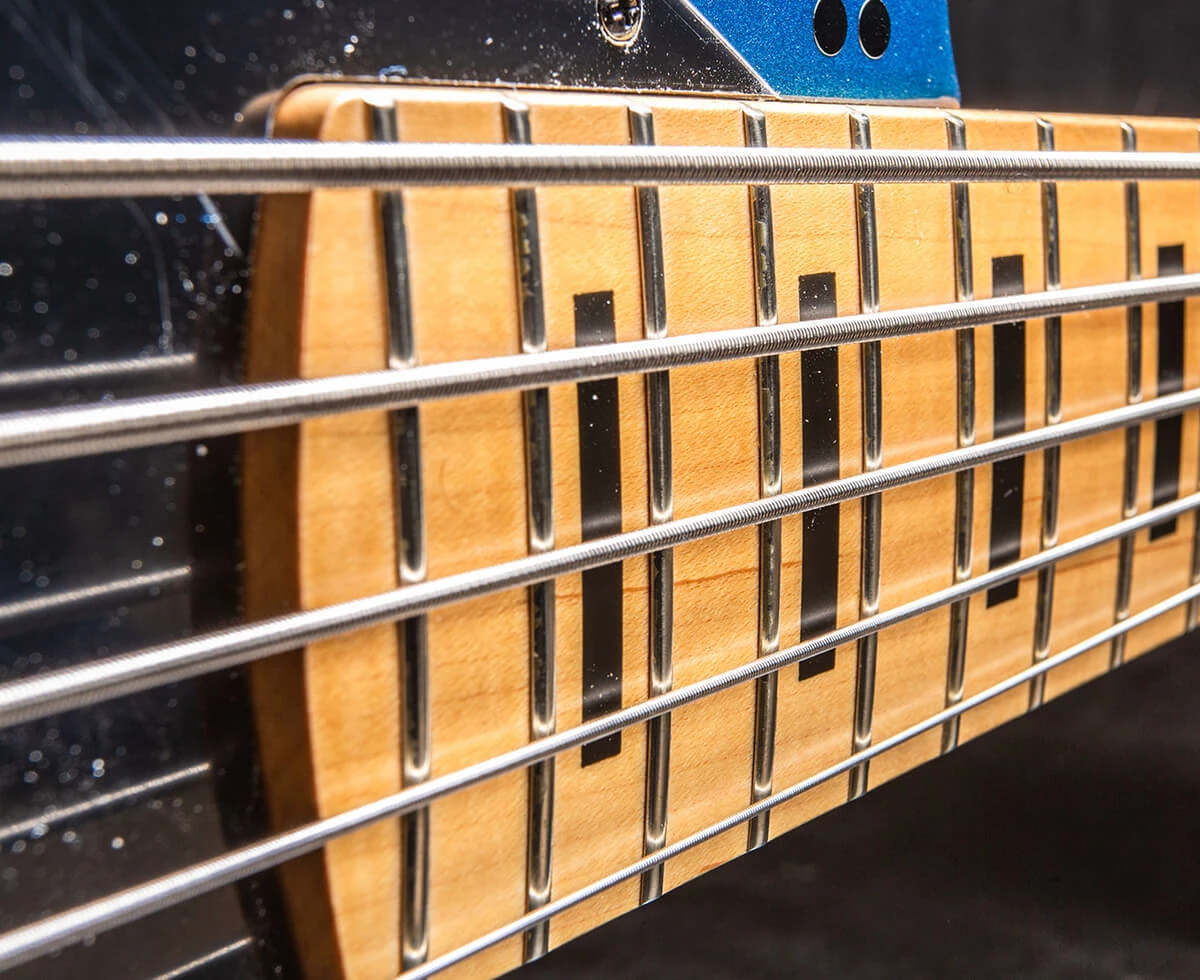 The strings of a five-string bass running the length of the fretboard toward the headstock.