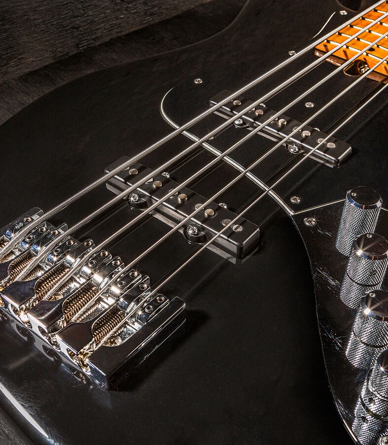 The strings of a five-string bass running the length of the fretboard toward the headstock.