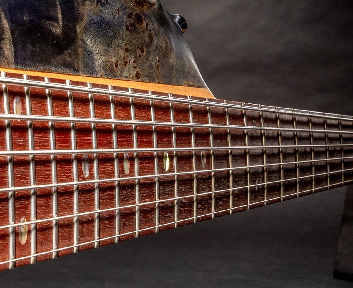The strings of a six-string bass running the length of the fretboard.