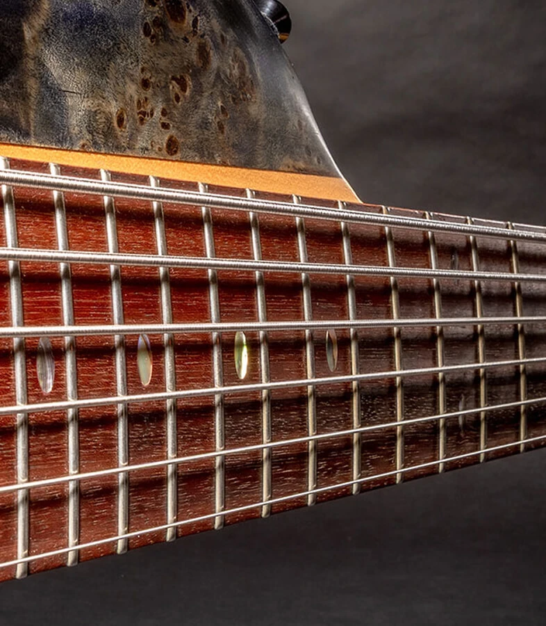 The strings of a six-string bass running the length of the fretboard.