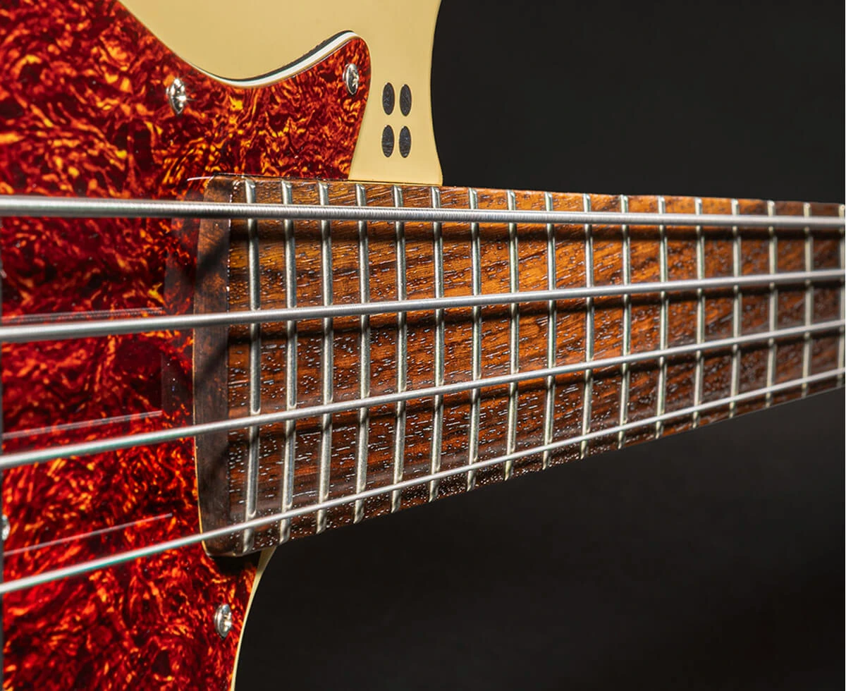 The strings of a four-string bass running the length of the fretboard toward the headstock.