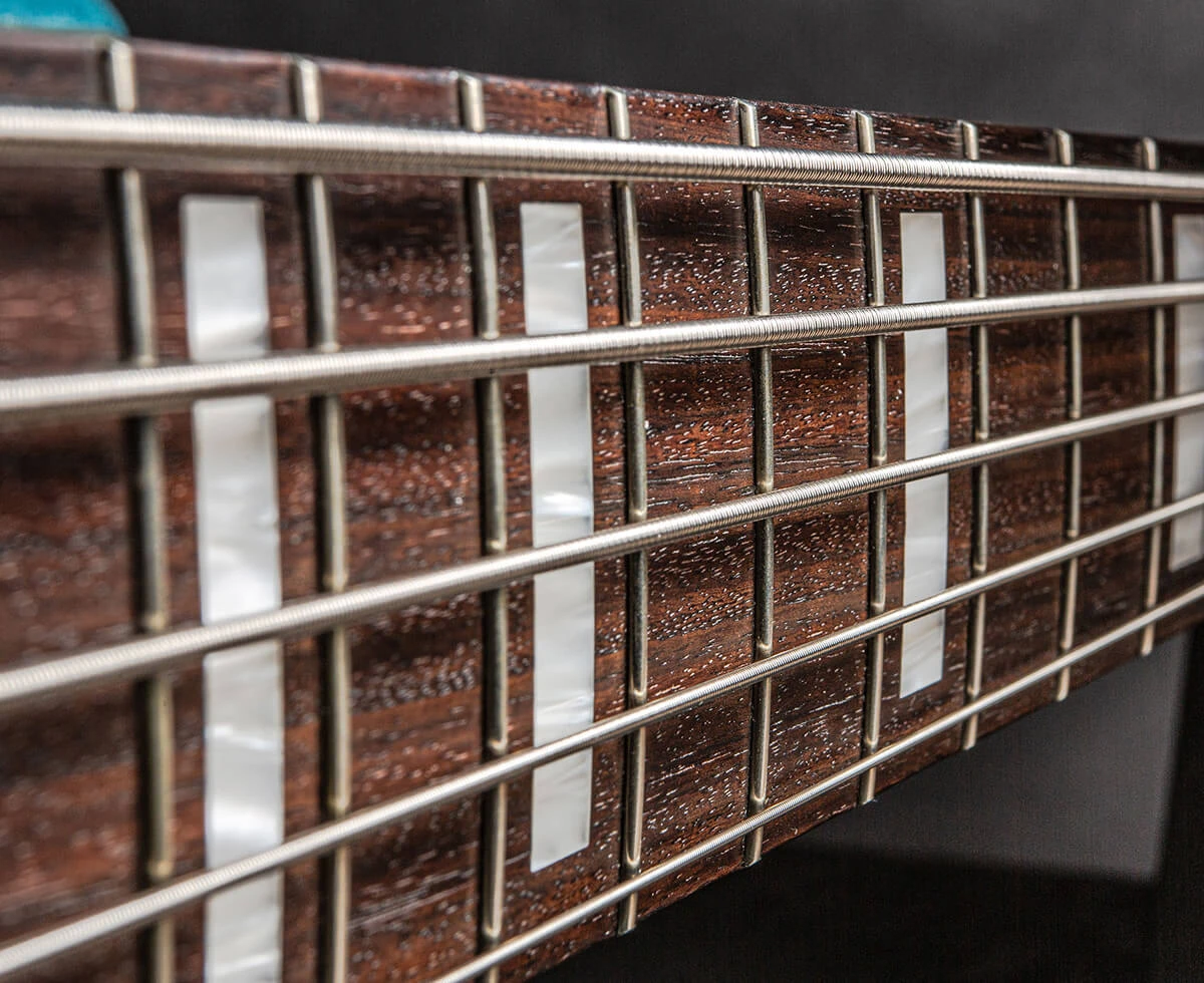 The strings of a five-string bass running the length of the fretboard toward the headstock.