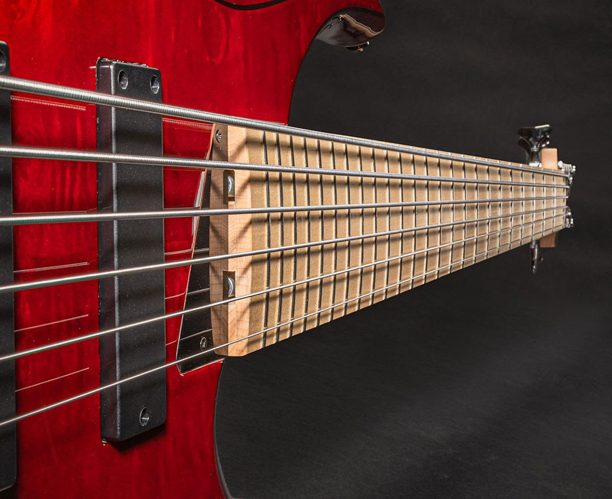  The strings of a six-string bass running the length of the fretboard toward the headstock.