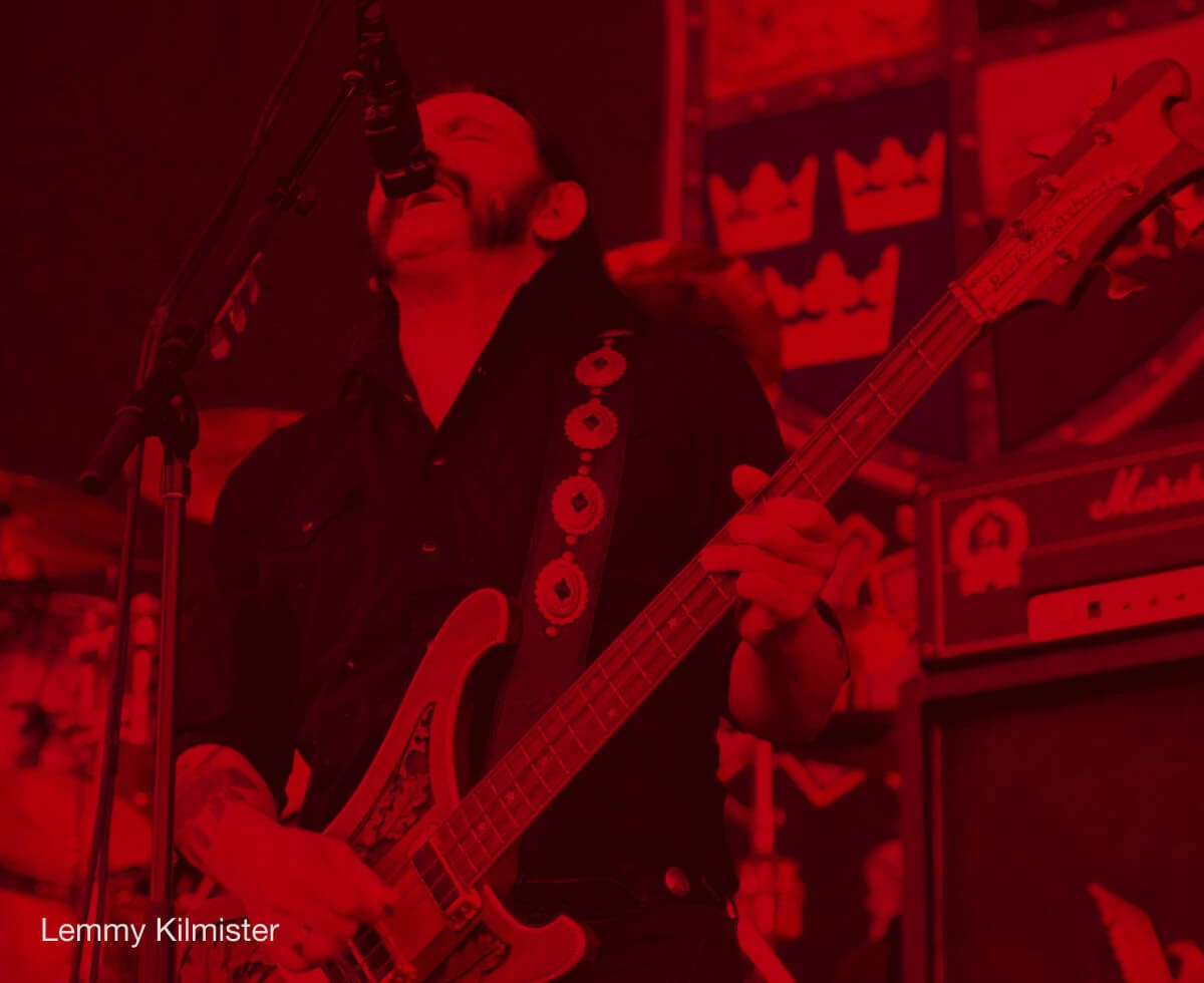Bassist Lemmy Kilmister performing live with a bass.