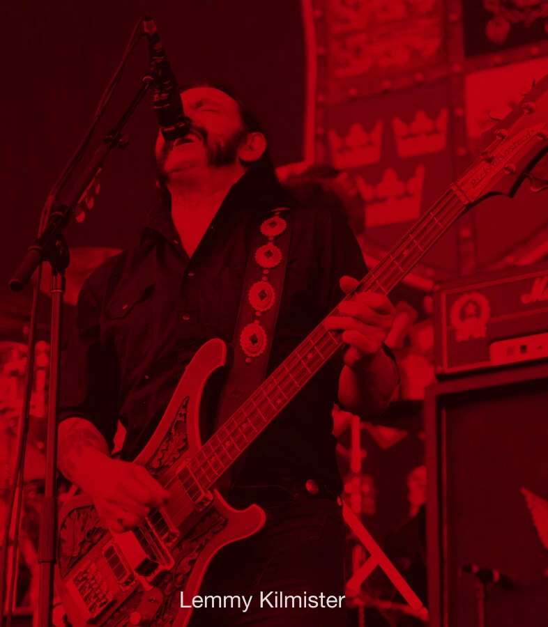 Bassist Lemmy Kilmister performing live with a bass.