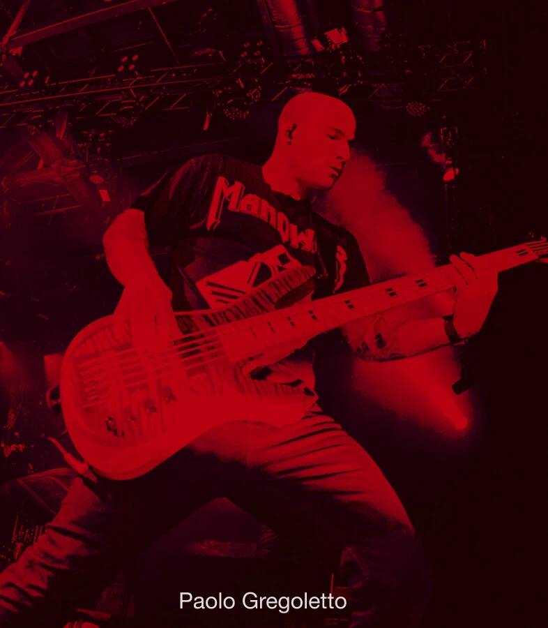 Bassist Paolo Gregoletto performing live with a bass.