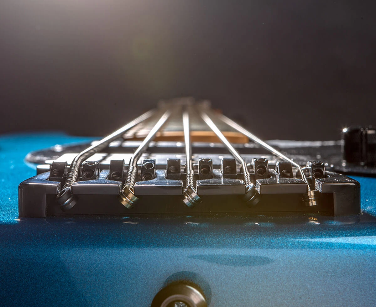 The strings of a five-string bass running from the bridge toward the headstock.