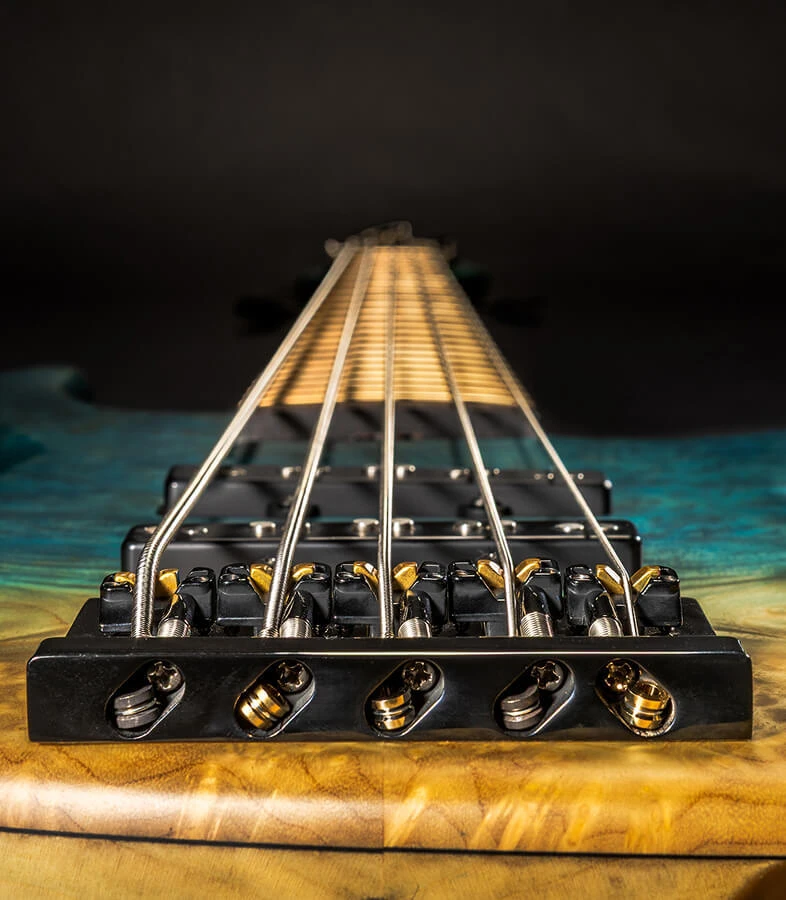 The strings of a five-string bass anchored at the bridge saddles.