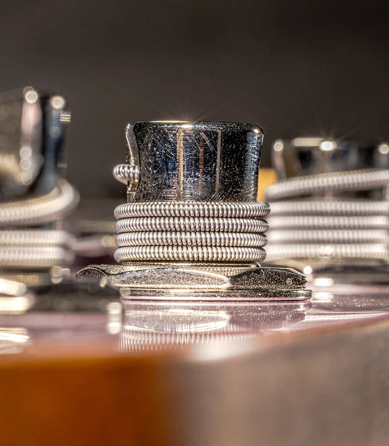 Strings wound around the tuning posts on a bass headstock.