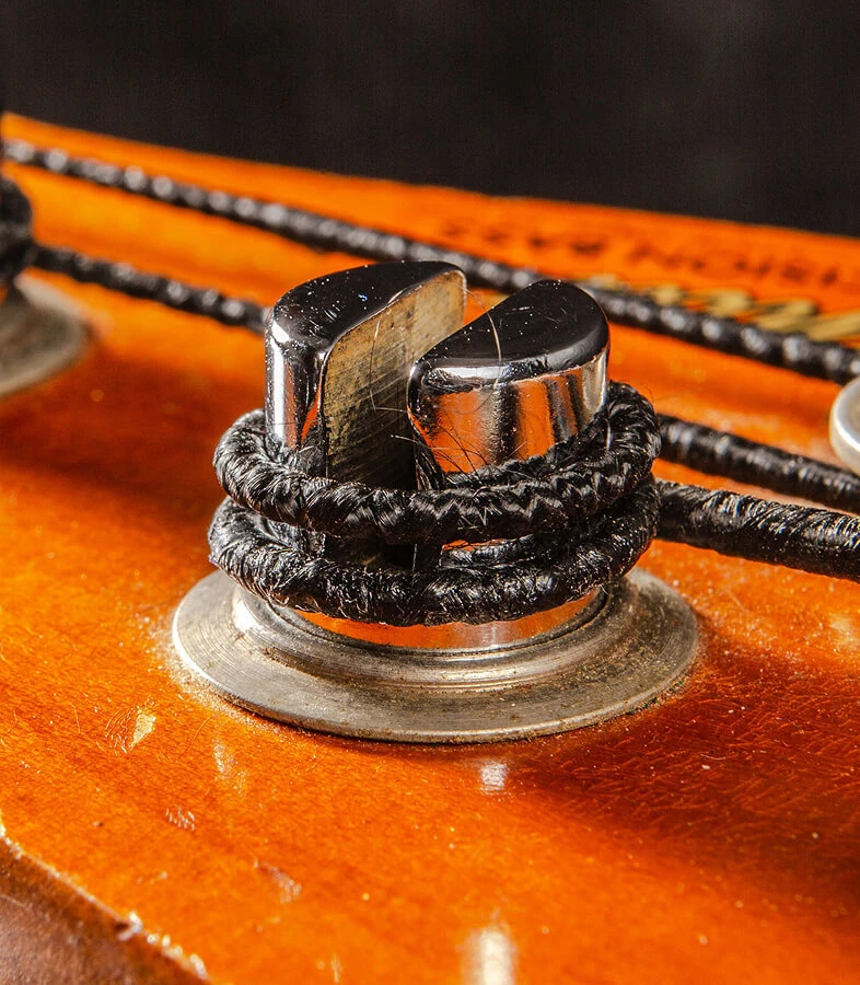A bass string wound around a tuning post on the headstock.