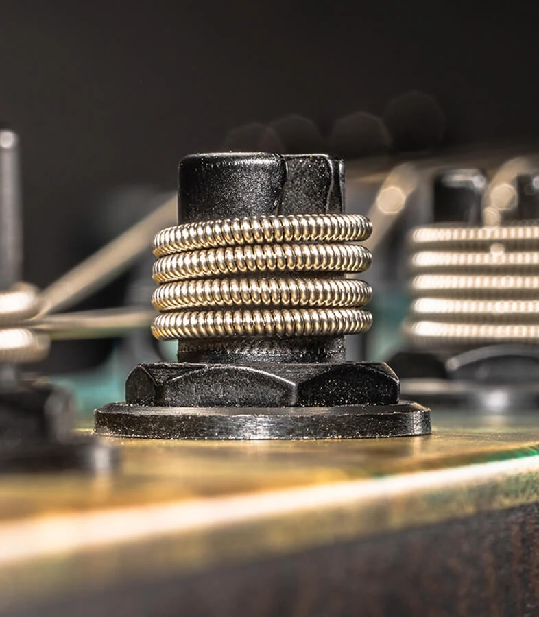 Strings wound around the tuning posts on a bass headstock.