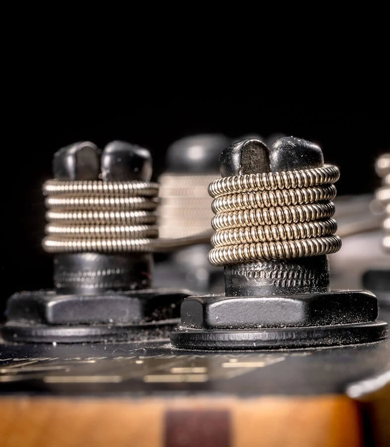 Strings wound around the tuning posts on a bass headstock.