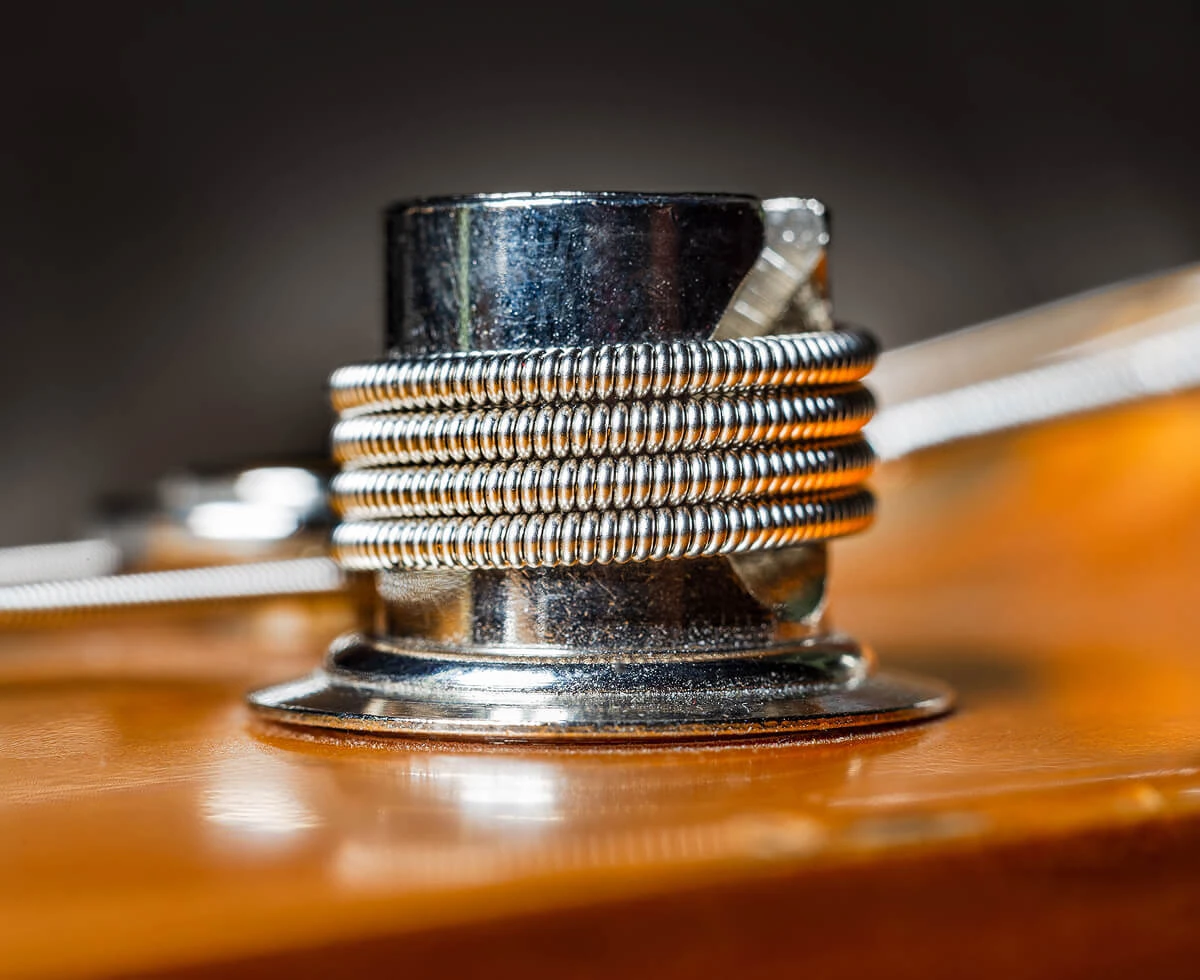 A bass string wound around a tuning post on the headstock.