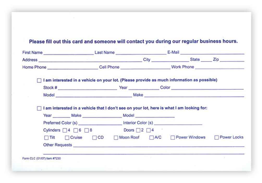 Customer Lead Cards (100 per pack) Cheap Dealer Supplies