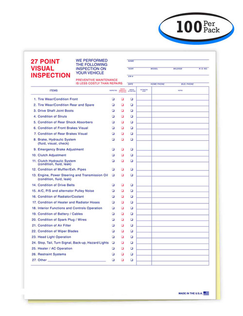 27 Point Visual Vehicle Inspection Sheet 2-Part (Form #27-Point) (100 pack)