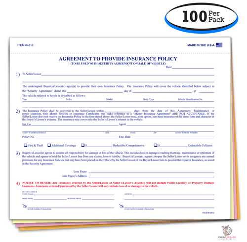 Agreement to Furnish Insurance Policy 4-Part Form (100 pack)