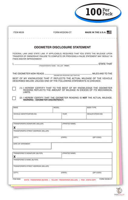 3-Part Odometer Disclosure Statement (Popular) (100 per pack)
