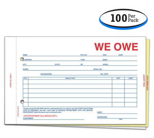 3-Part We Owe Form (Form # SA-1506-3) (100 per pack)