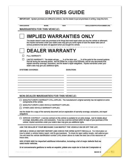 Front: 2-Part Buyers Guide Form File Copy - No Tape - Implied Warranty *** FREE SHIPPING *** (100 per pack)