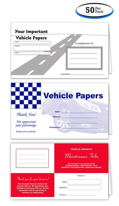 Vehicle Paper Walles Document Holders (Black, Blue, or Red Ink) (50 per pack)