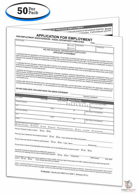 Application for Employment (Form #EMP-1) (50 per pack)