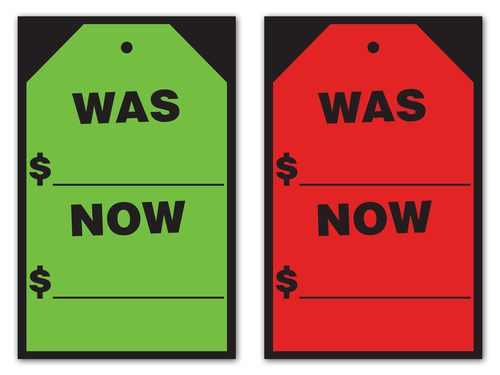 Hang Tag Style Window Stickers - Was Now Price (12 Per Pack of One Color)