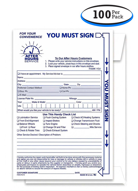 After Hours Service Envelopes - Night Drop Off Forms - One Customer Signature Line - 100 Per Pack