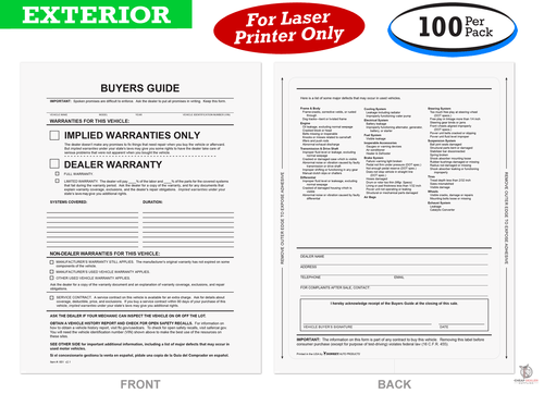 Outdoor Buyers Guides - Implied Warranties Or Dealer Warranty - With Lines - Stick To Outside Of Window (100 Per Pack)