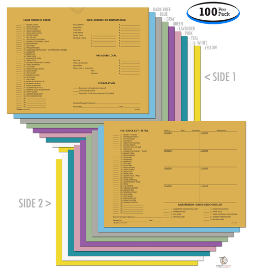 Check List Deal Jackets - Forms List For F & I Retail, Lease, Manager, Sales (100 Per Pack)