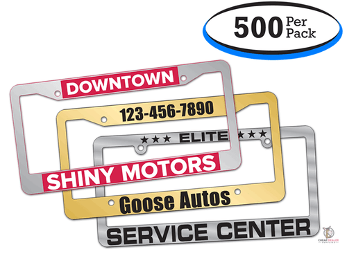 Custom Car Dealership License Plate Frames - Chrome or Gold (500 Per Box)