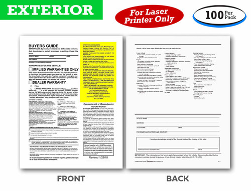 Exterior Buyers Guide - Massachusetts - Lemon Law Return Rights Window Stickers (100 Pack)