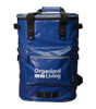 Dark Blue Koozie Olympus Kooler Backpack with White screen printed Organized Living logo on the front pocket.