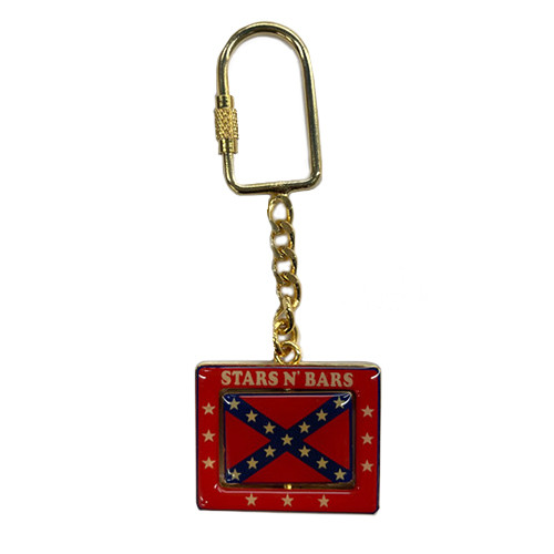 Confederate flag spinner keychain with Stars and Bars design and metal clip.