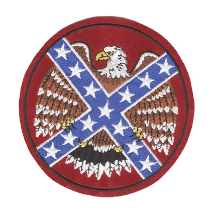 Round Confederate iron-on patch with eagle and open wings over Rebel flag design.