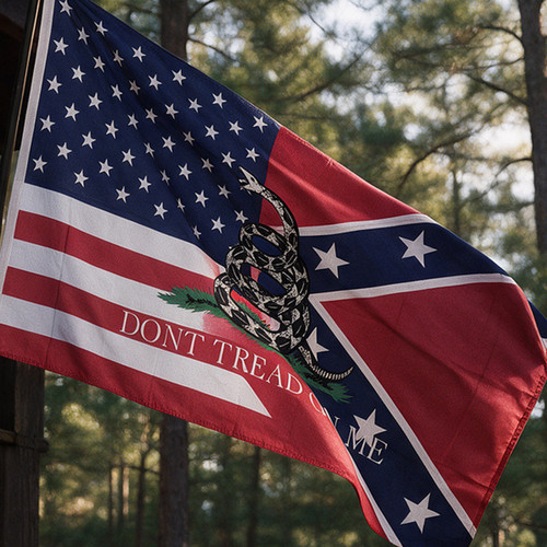 USA and Confederate Gadsden Flag displayed outdoors