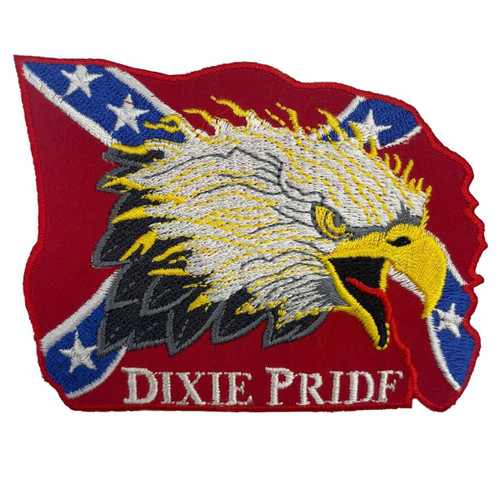 Dixie Pride iron-on patch with eagle graphic and Confederate flag background.