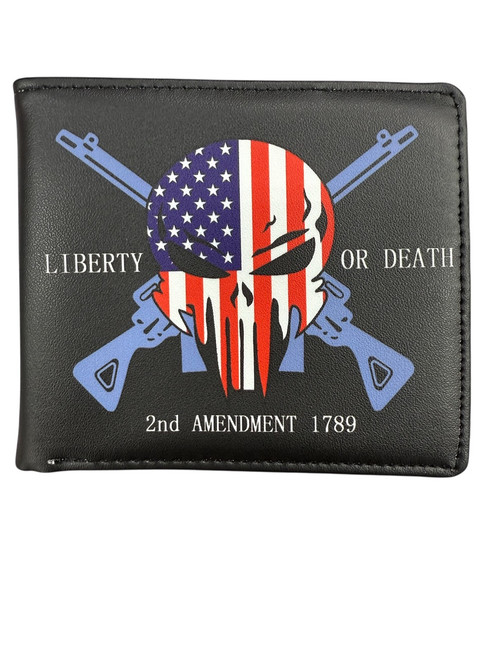 Liberty or Death 2nd Amendment 1789 bi-fold wallet with skull and crossed rifles design