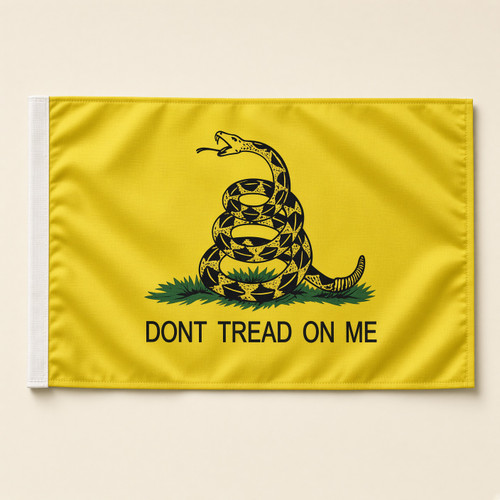 Yellow Gadsden flag with coiled rattlesnake and Don't Tread on Me text