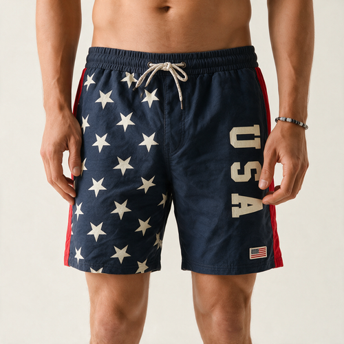 Man wearing U.S.A. men's shorts with red, white and blue design