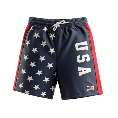 Front view of U.S.A. men's shorts with patriotic design