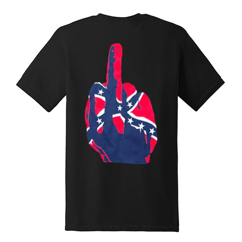 Black men’s T-shirt featuring a raised middle finger graphic with Confederate flag pattern.